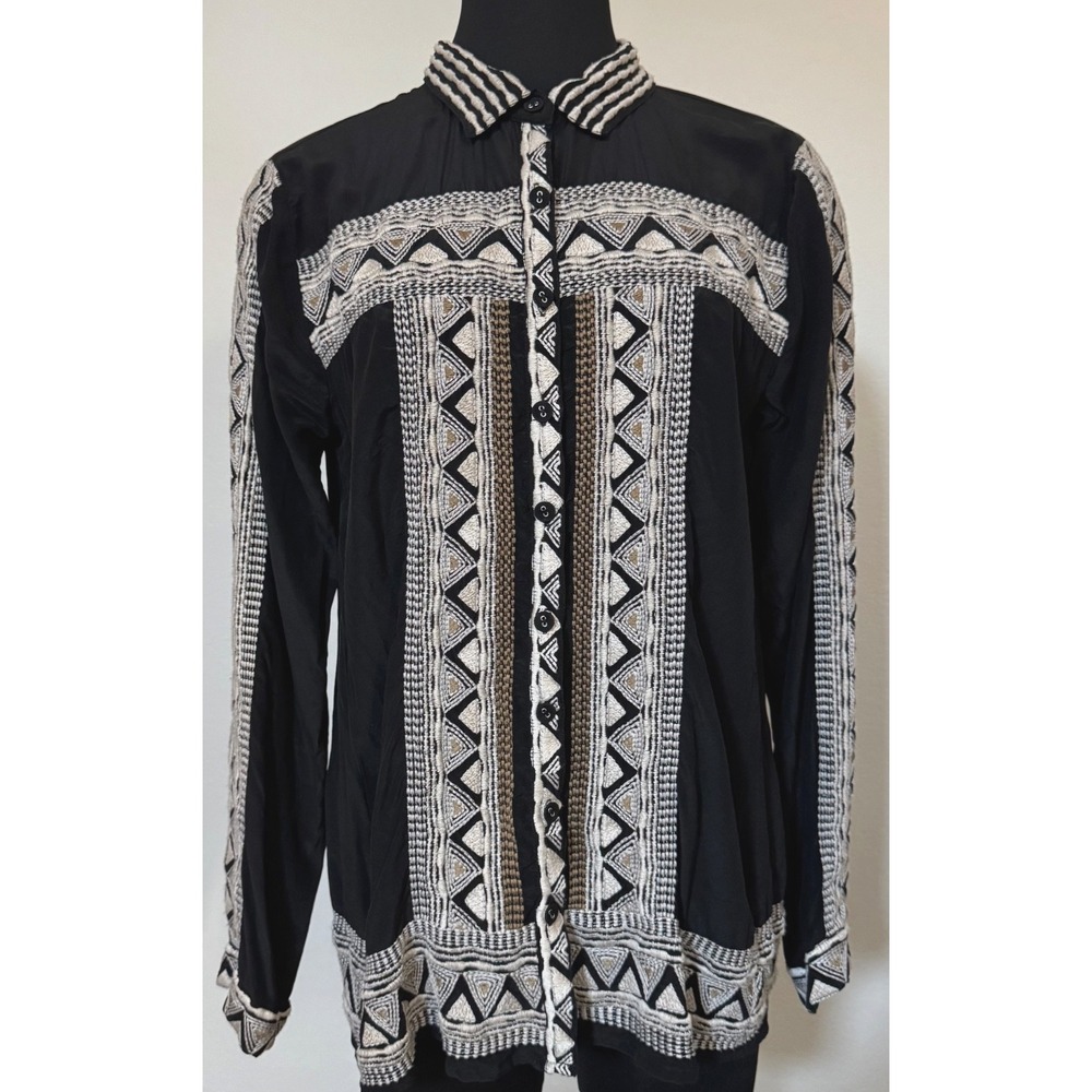 Johnny Was Biya Bixby Blouse Size Medium Black Button up Embroidered Details‎